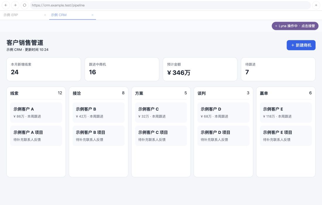 当前 AI 浏览器 FP 中的示例 CRM 销售管道