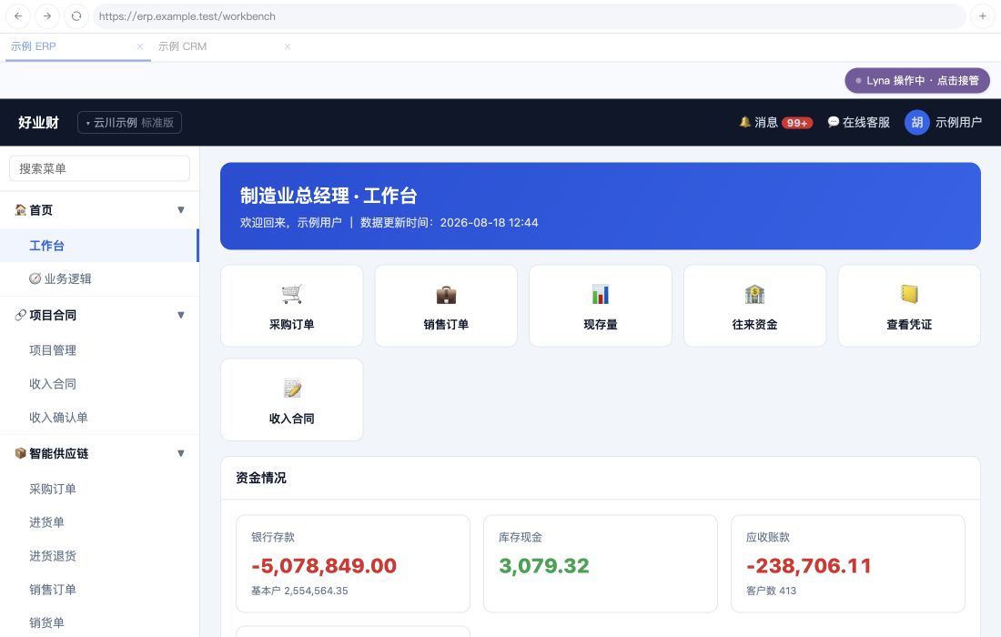 当前 Lyna AI 浏览器 FP，展示示例 ERP 工作台与人工接管入口